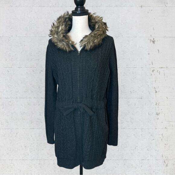 Woolrich Cable Knit Long Zipper Cardigan Faux Fur Trim Tie Waist Size XL - Picture 2 of 12
